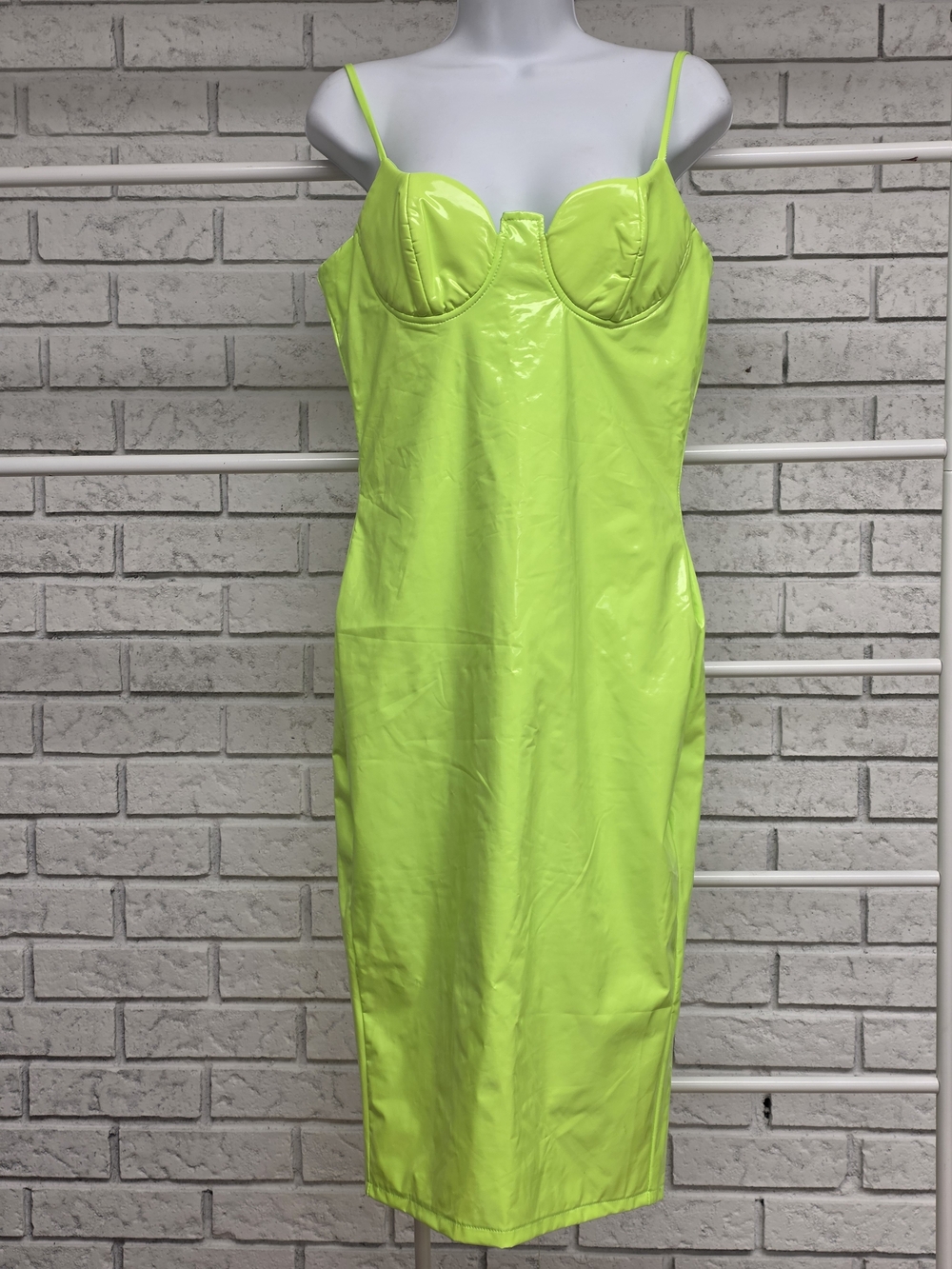 AKIRA Neon Green Faux Patent Bodycon Midi Dress | Medium
